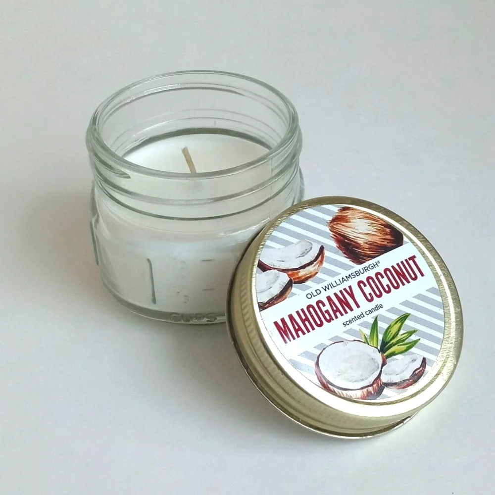 Old Williamsburg Mahogany Coconut Scented Jar Candle in Mini Mason Jar White